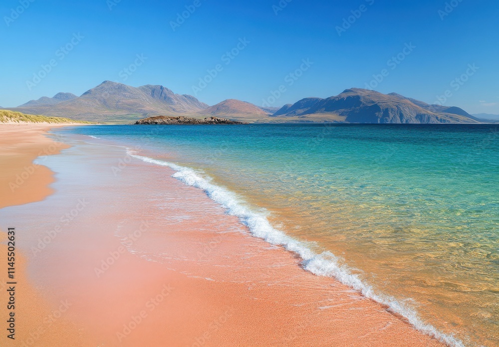 Exquisite Tranquil Beach Scene with Soft Pink Sands and Crystal Clear Waters Under a Bright Blue Sky Surrounded by Majestic Mountains in the Distance
