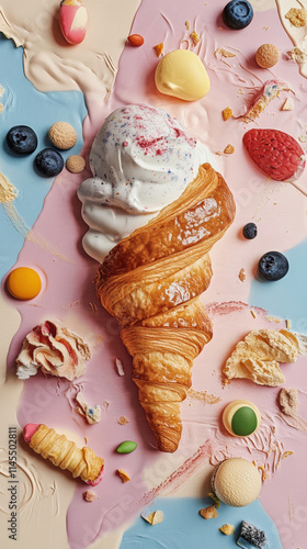 Melting croissant ice cream cone surrounded by colorful sweets and toppings