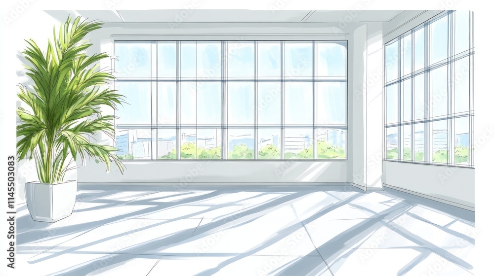 A bright, spacious interior with large windows and a potted plant, creating a serene atmosphere. A bright, spacious interior with large windows and a potted plant, creating a serene atmosphere.