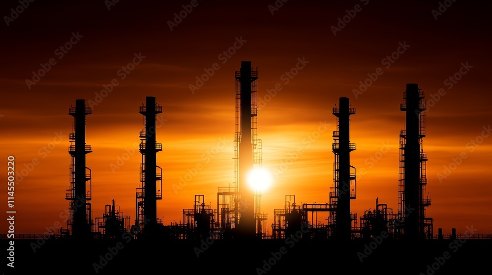 Dramatic sunset silhouette, a large refinery complex against colorful twilight sky Dramatic sunset silhouette, a large refinery complex against colorful twilight sky