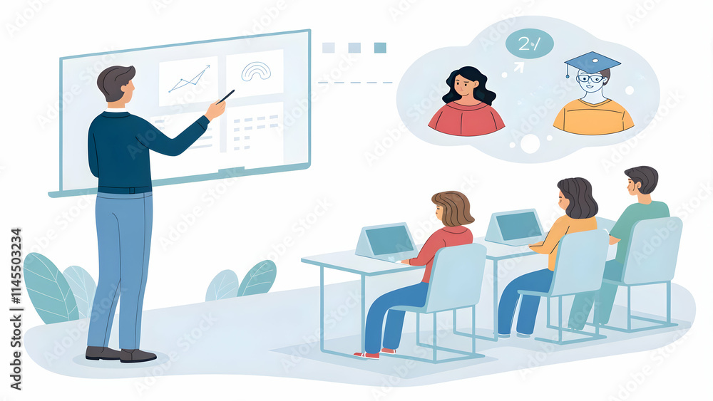 Teacher Online Class Holographic Students Abstract Digital Education Concept Teacher Online Class Holographic Students Abstract Digital Education Concept
