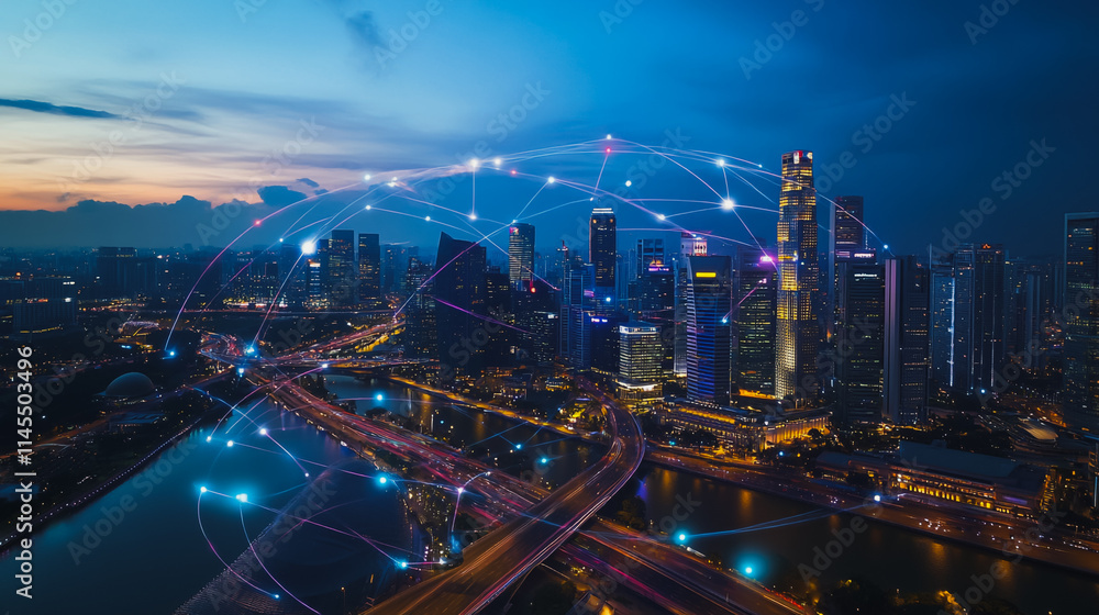 Fototapeta premium Smart digital Innovation city with connection network reciprocity over the cityscape. of future smart wireless city and social media networking systems that connects business people with in city