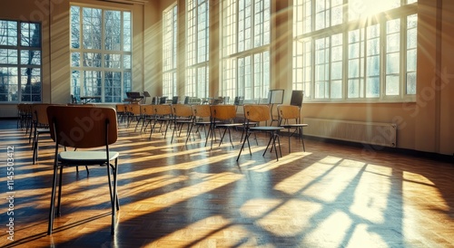 A sunlit classroom with empty chairs, creating a serene and contemplative atmosphere.