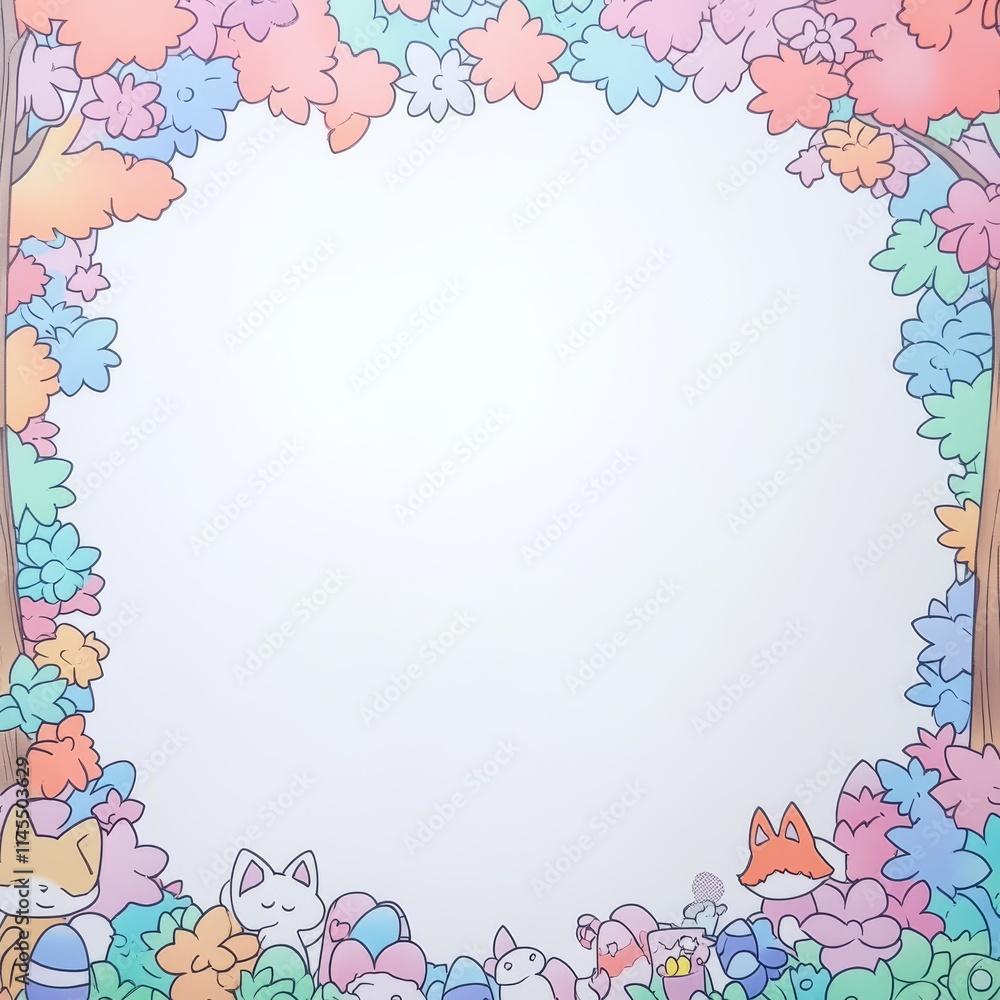 Pastel Floral Frame with Cute Animals and Spring Blossoms Pastel Floral Frame with Cute Animals and Spring Blossoms