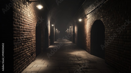 A dimly lit corridor with brick walls and arches creates a mysterious atmosphere.