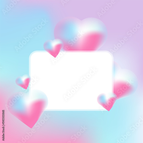 A pastel-themed design featuring a white rectangular frame surrounded by soft pink and blue gradient hearts, set against a gradient background blending light pink and blue hues