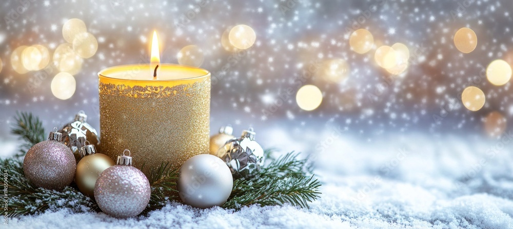 A festive candle surrounded by ornaments on a snowy surface, evoking holiday warmth. A festive candle surrounded by ornaments on a snowy surface, evoking holiday warmth.
