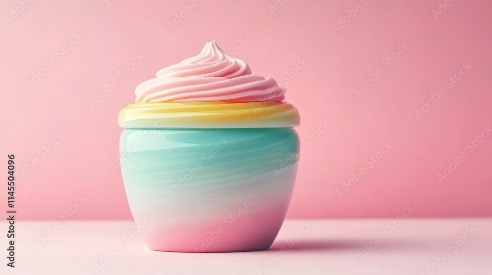 A pastel-colored container with swirled frosting, evoking a sweet and playful vibe. A pastel-colored container with swirled frosting, evoking a sweet and playful vibe.