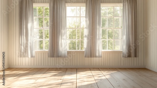 A bright, airy room with large windows and soft curtains, inviting natural light.
