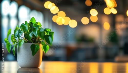 A vibrant green plant in a pot, set against a softly blurred background of warm lights.