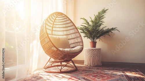 A cozy rattan chair beside a potted plant in a sunlit room.