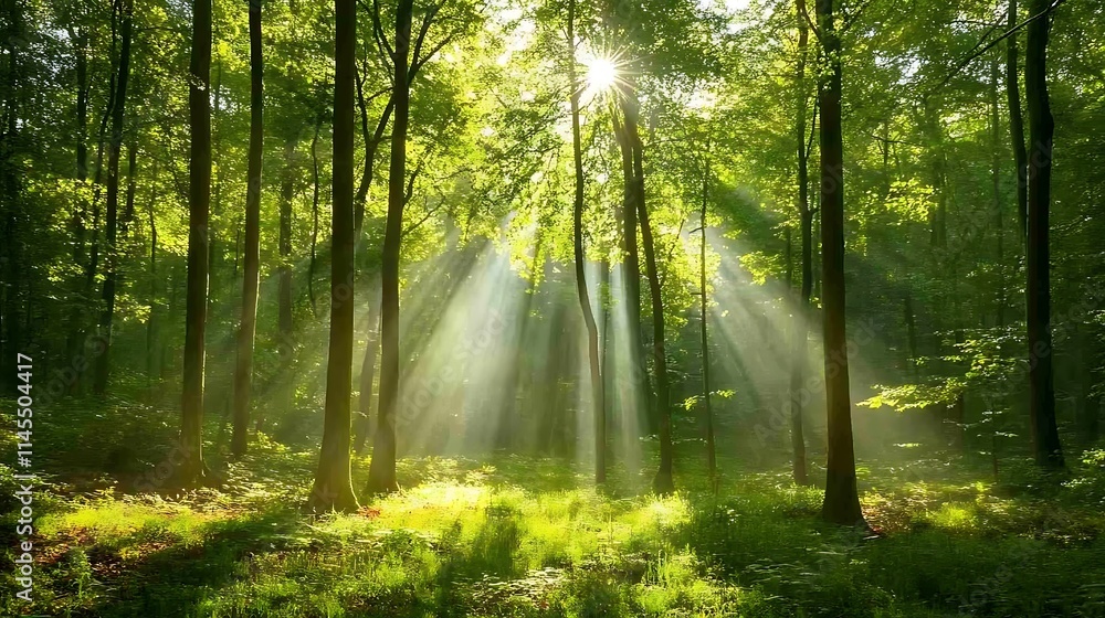 Fototapeta premium A tranquil forest bathed in the soft glow of morning light, with sunbeams filtering through the green leaves and illuminating the earthy textures of the forest floor 