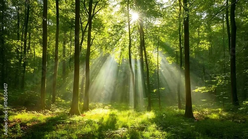 Fototapeta Naklejka Na Ścianę i Meble -  A tranquil forest bathed in the soft glow of morning light, with sunbeams filtering through the green leaves and illuminating the earthy textures of the forest floor 