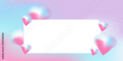 A romantic graphic with glowing 3D hearts in pink and blue surrounding a blank white center, ideal for a love-themed message.