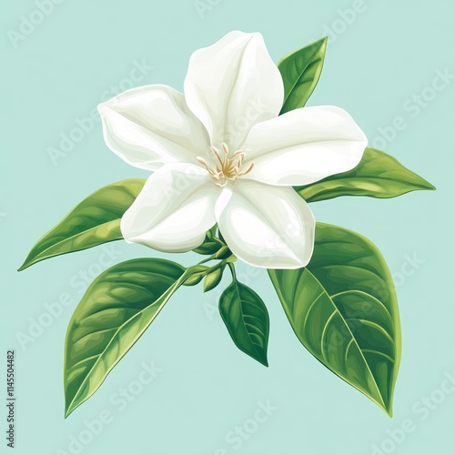 A detailed illustration of a white flower with green leaves on a light background.