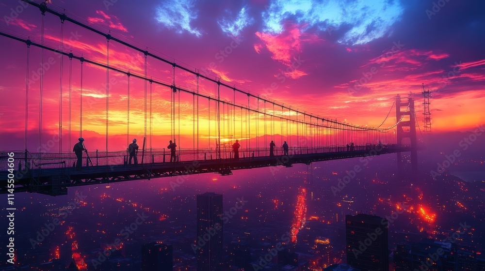 Obraz premium Sunset view of a bridge with silhouettes of people.