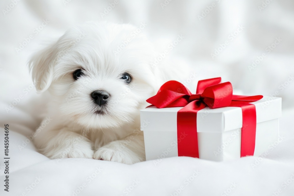A fluffy white puppy beside a gift box with a red ribbon on a soft surface. A fluffy white puppy beside a gift box with a red ribbon on a soft surface.