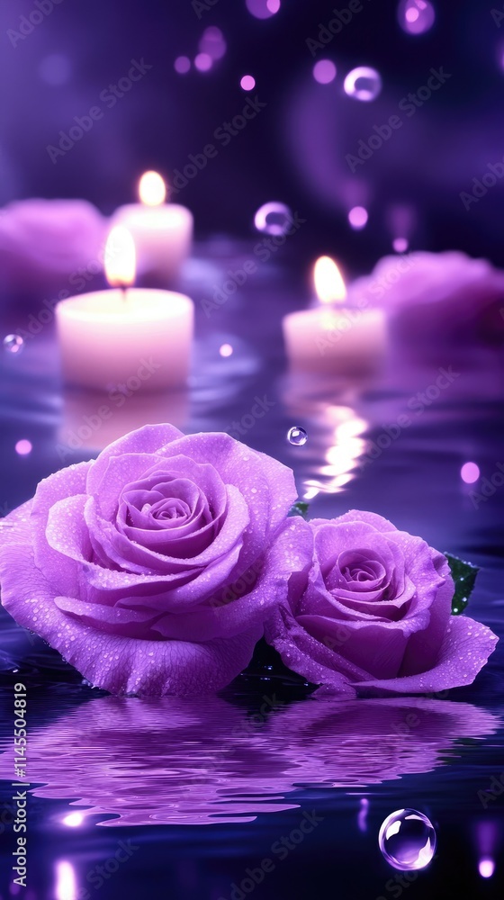 Tranquil Purple Rose and Candle Arrangement on Water with Floating Bubbles Tranquil Purple Rose and Candle Arrangement on Water with Floating Bubbles