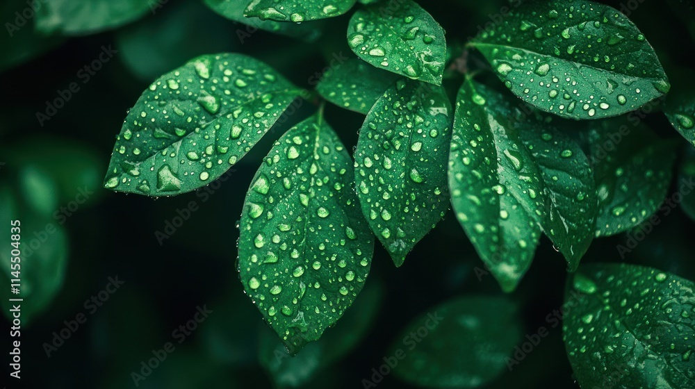 Emerald Dewdrops: A Close-Up of Lush Green Leaves Adorned with Sparkling Raindrops Emerald Dewdrops: A Close-Up of Lush Green Leaves Adorned with Sparkling Raindrops