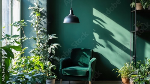 A cozy green corner featuring a chair and various indoor plants.