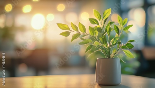 A potted plant with vibrant leaves, illuminated by soft sunlight in a cozy setting.