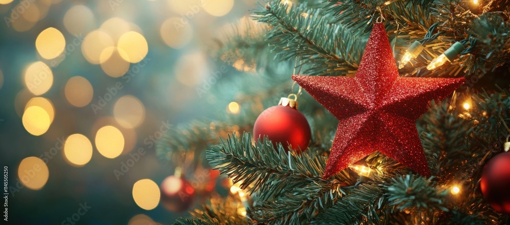 A decorated Christmas tree with a red star and ornaments, creating a festive atmosphere. A decorated Christmas tree with a red star and ornaments, creating a festive atmosphere.
