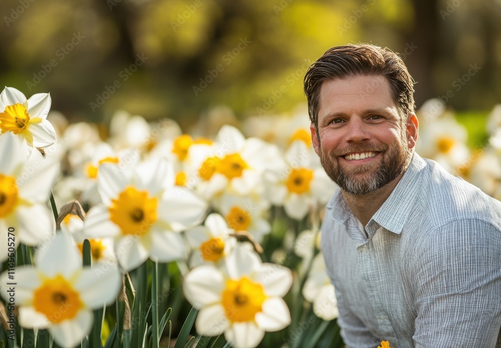 Happy Man Smiling in a Field of Bright Yellow Daffodils During Springtime with Soft Natural Light and Vibrant Floral Background in a Peaceful Setting Happy Man Smiling in a Field of Bright Yellow Daffodils During Springtime with Soft Natural Light and Vibrant Floral Background in a Peaceful Setting