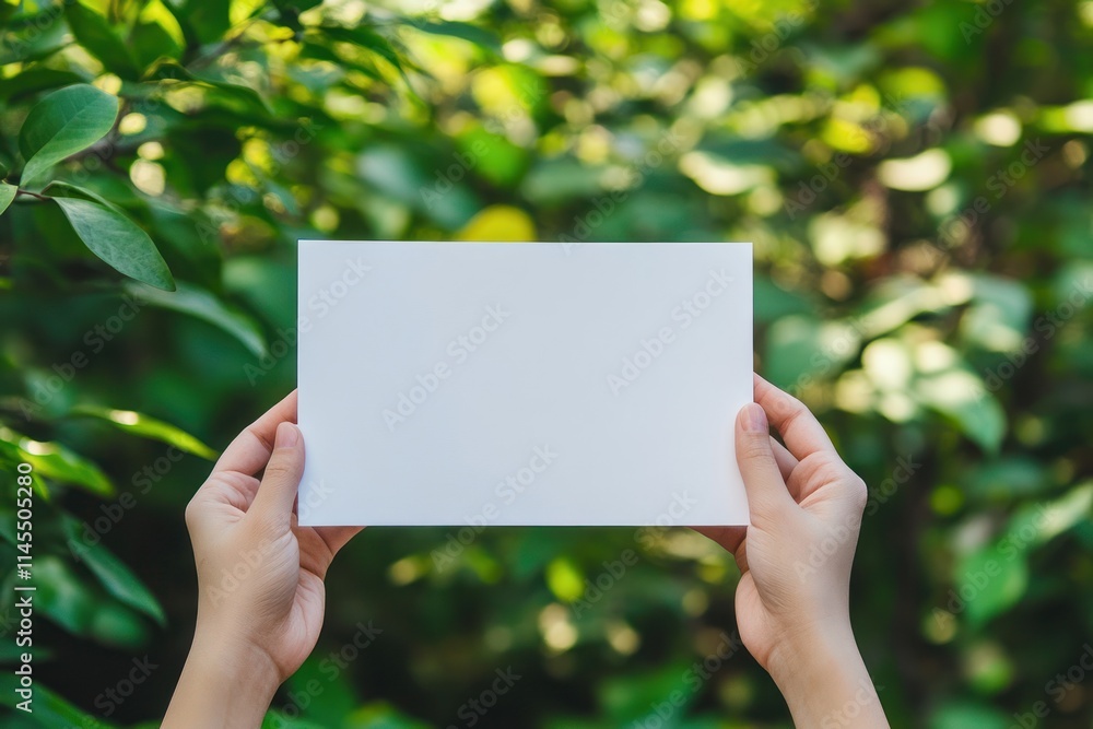 A pair of hands holding a blank white sheet in front of lush green foliage. A pair of hands holding a blank white sheet in front of lush green foliage.