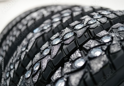 High-Detail Close-Up of Heavy Duty Automobile Tires Featuring Distinctive Tread Patterns and Textures, Ideal for Winter and Off-Road Applications photo