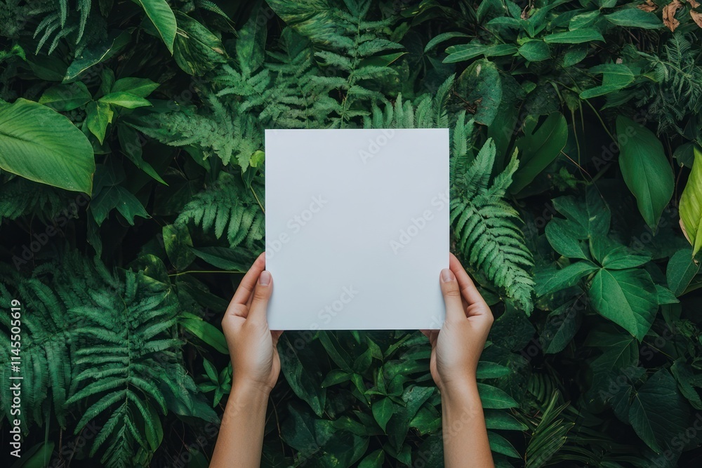 A blank sheet of paper held against a backdrop of lush green foliage. A blank sheet of paper held against a backdrop of lush green foliage.