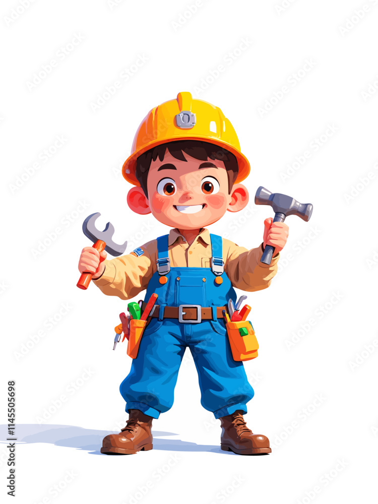 character, wearing blue overalls and a yellow hard hat with a tool belt on a white background, holding tools in his hands, with a smiling face character, wearing blue overalls and a yellow hard hat with a tool belt on a white background, holding tools in his hands, with a smiling face