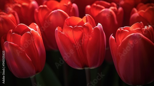A close-up of vibrant red tulips, showcasing their delicate petals and natural beauty.