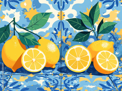  Lemons, slices and leaves on blue Mediterranean tiles.Modern abstract geometric background.Traditional Portuguese, Spanish ornaments and motifs