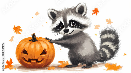 Cute raccoon dacing with pumpkin. Feral. Illustration photo