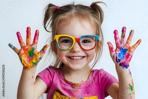 Child Shows Colorful Paint Hands, Happy Expression, Creative Art Activities for Kids, Joyful Painting Experience, Bright Colors, Fun Activities, Early Childhood Development, Artistic Expression,