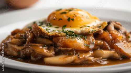 Yummy ushroom and eggs dish close up