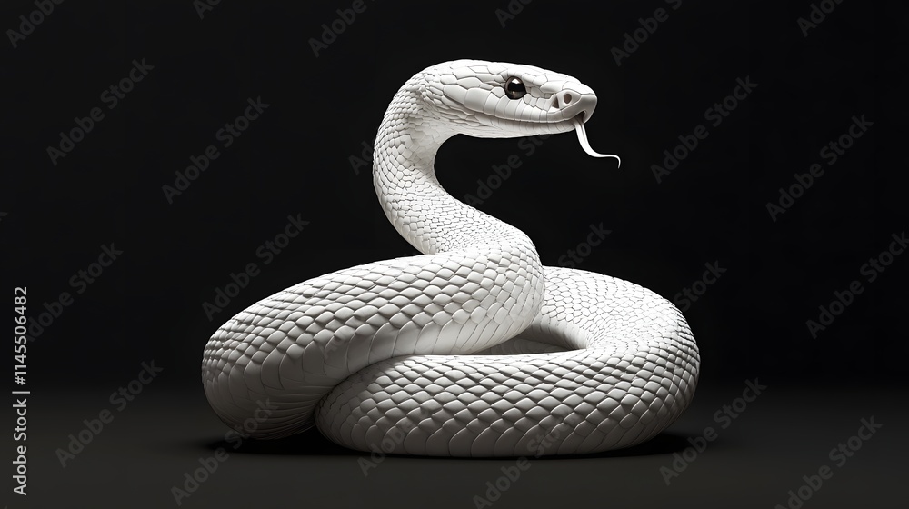 Fototapeta premium A Coiled White Snake Poses Elegantly Against A Dark Background
