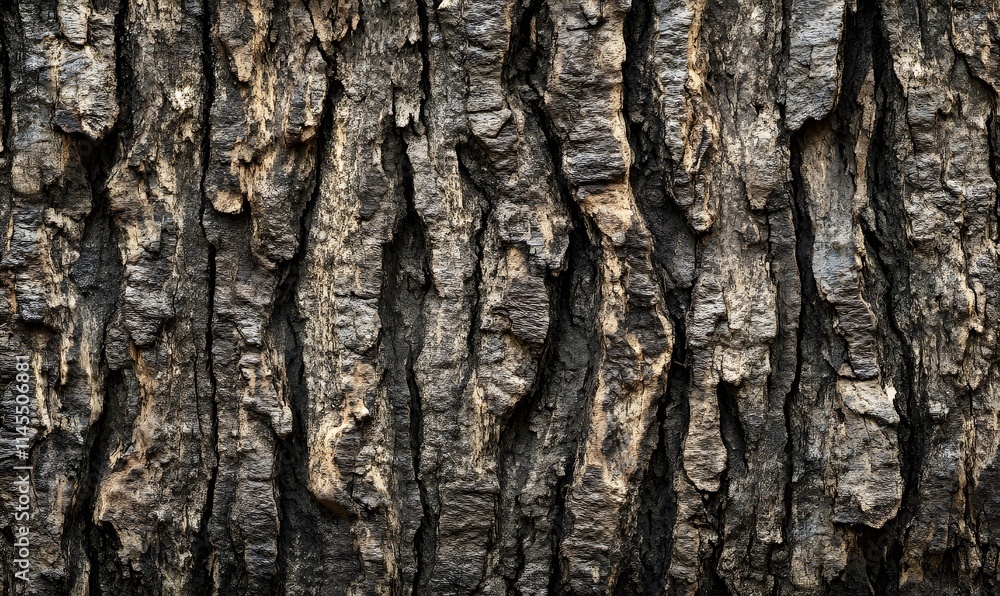 Close-up texture of dark, rough tree bark with vertical grooves and fissures. Close-up texture of dark, rough tree bark with vertical grooves and fissures.