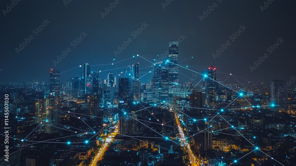 Fototapeta premium Smart digital Innovation city with connection network reciprocity over the cityscape. of future smart wireless city and social media networking systems that connects business people with in city
