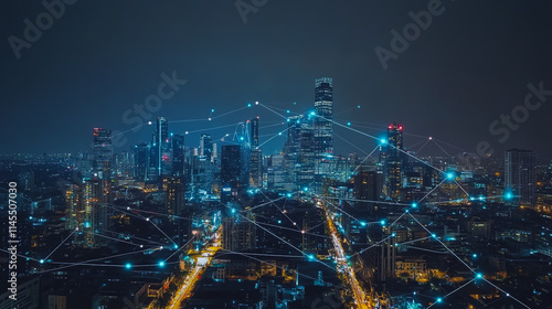 Wallpaper Mural Smart digital Innovation city with connection network reciprocity over the cityscape. of future smart wireless city and social media networking systems that connects business people with in city Torontodigital.ca