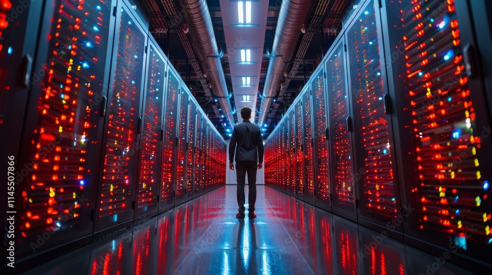 A man walks through a server room with glowing red lights and a reflective floor. AI generative. . A man walks through a server room with glowing red lights and a reflective floor. AI generative. .
