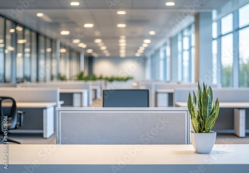 Modern office interior with bright lighting, spacious layout, and green plants, featuring desks and chairs designed for a collaborative working environment photo