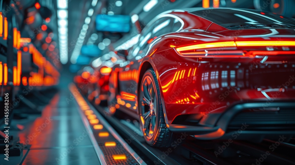 A red car with its taillights illuminated as it moves along a conveyor belt in a factory. AI generative. . A red car with its taillights illuminated as it moves along a conveyor belt in a factory. AI generative. .