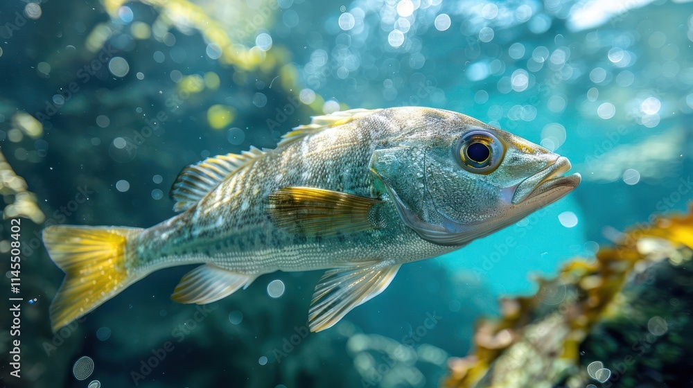 A close-up photo of a fish swimming underwater surrounded by coral and algae. A close-up photo of a fish swimming underwater surrounded by coral and algae.