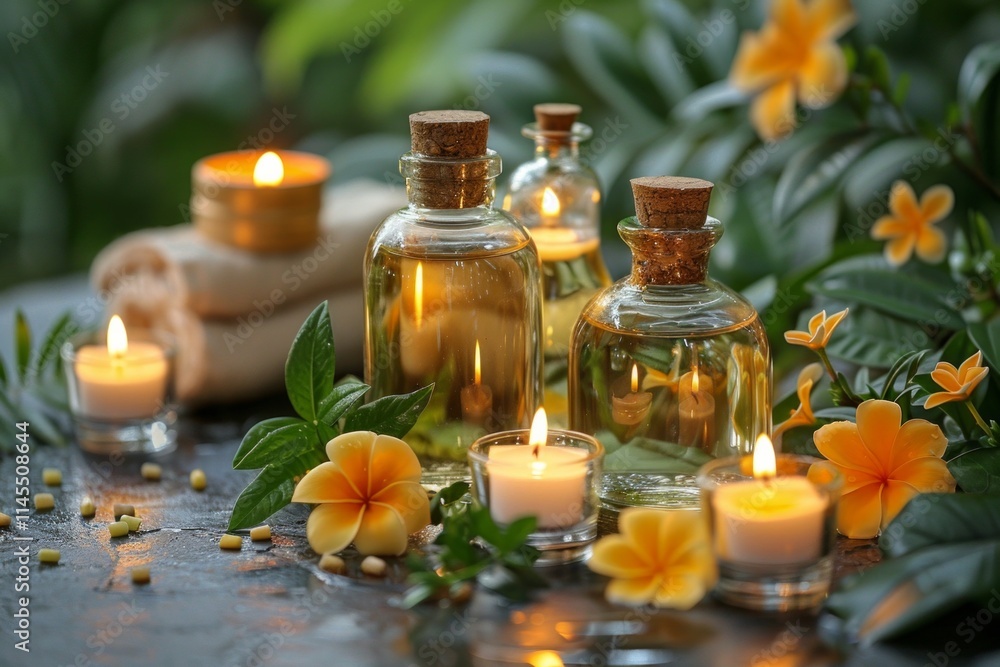 Essential oils, candles, and tropical flowers on a dark surface. AI generative. . Essential oils, candles, and tropical flowers on a dark surface. AI generative. .