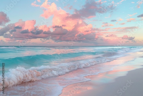 Soft pink clouds above blue ocean waves crashing on a sandy beach. AI generative. .