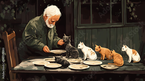An elderly man tenderly feeding stray cats with plates on a rustic wooden table, showing compassion and care. Feral. Illustration