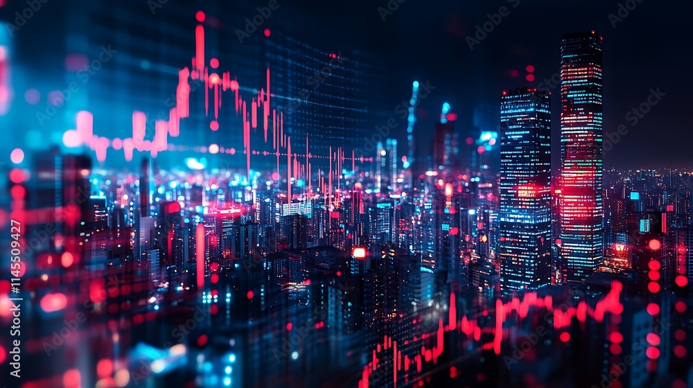 Night Cityscape Illuminated With Stock Market Data Overlay Night Cityscape Illuminated With Stock Market Data Overlay