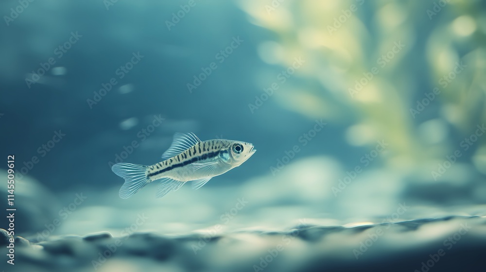 Fototapeta premium Aquatic Life A Small Striped Fish Swims Underwater