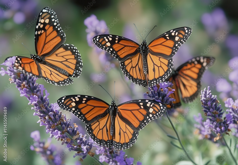 Fototapeta premium Monarch butterflies gracefully fluttering among vibrant lavender flowers in a serene garden, showcasing nature's beauty and delicate ecosystems.